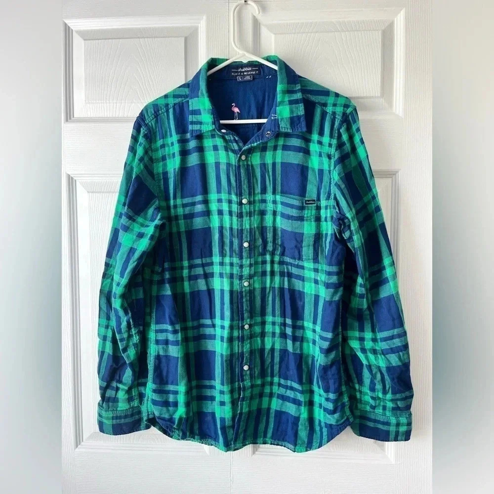 Chubbies Flip It & Reverse It Green Plaid Flamingo Dad Pearl Snaps Size Large